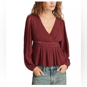 Lucky Brand Burgundy Pleated Peplum Blouse Sheer Long Sleeve V-Neck NWT S